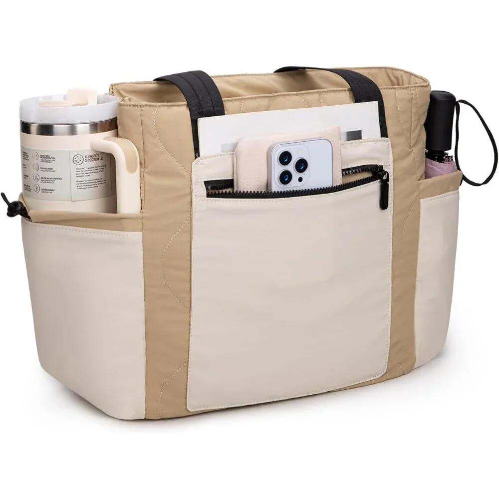 Cream Khaki Lightweight Puffer Tote Bag for Women with Laptop Compartment - Picture 5 of 7